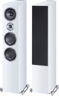Heco Celan Revolution 7 witte vloerstaande luidspreker, vooraanzicht en zijaanzicht, 4 luidsprekers, tweeter, middenunit, 2 woofers, witte gelakte afwerking