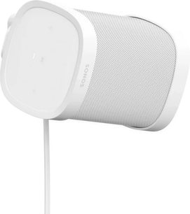 Sonos Wall Mount beyaz hoparlör desteği, ön ve profil görünümü, yuvarlak şekil, ön yüzü kaplayan metal ızgara
