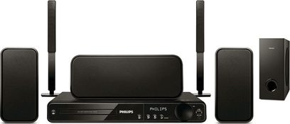 Philips HTS3377 hjemmebiografsystem bestående af en DVD-afspiller, to højttalertårne, to kompakte højttalere og en basreflekskabinet, alle i sort