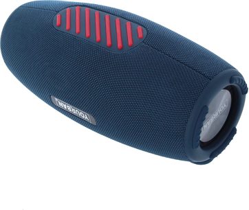 Bluetooth-højttaler Yourban Getone 45 blå, cylindrisk form, tekstureret stof, røde detaljer, perspektivvisning, synligt logo