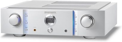 Marantz SC-11S1 integreret hi-fi-forstærker set forfra, børstet aluminiumsfront, blåt display, forgyldte knapper og stik