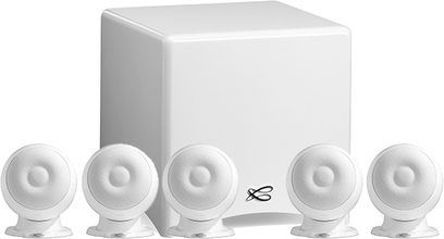 Pack 5.1 Eole 3 WS bílý Cabasse, 5 bílých kulových reproduktorů a 1 bílý krychlový subwoofer, pohled zepředu