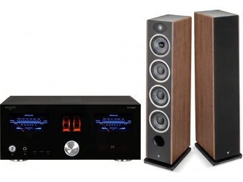 Amplificatore Advance Paris A10 Classic nero e due diffusori da pavimento Focal neri con finitura effetto legno