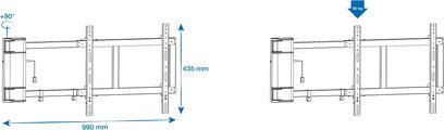 Vægmonteret TV-beslag Norstone Mount Jura AE3260-D, teknisk diagram med dimensioner set forfra og fra siden, 990 x 435 mm