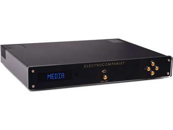 Lecteur audio réseau Electrocompaniet ECM 1 MKII noir, face avant avec écran bleu "MEDIA", 4 boutons dorés à droite