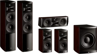 Hjemmebiografhøjttalersæt 7.0 JBL LS80, blank mørkebrun træfinish, sort front, på hvid baggrund