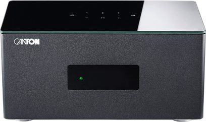 Svart multiroom-förstärkare Canton Smart Amp 5.1 S2, metallfront med grön LED-display och touchkänsligt glas på ovansidan