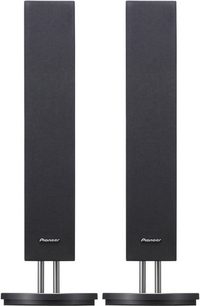 To sorte Pioneer DCS-F530 gulvhøjtalere, set forfra, med sølvfarvede højttalere og fødder