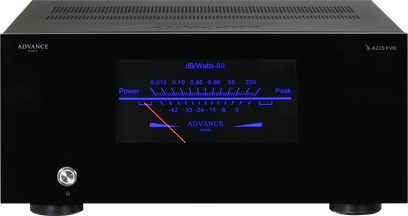 Advance Paris X-A220 EVO sort effektforstærker, frontvisning, blå "dB/Watts-80" display, knapper og stik