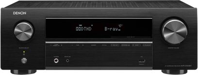 Denon AVR-X550BT sort hjemmebiografsforstærker, set forfra, sort front med LED-skærm, knapper og stik, to sølvfarvede drejeknapper