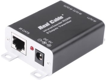Real Cable RC14IR black wireless infrared transmitter with RJ45 and DC 5V connectors, top and front view