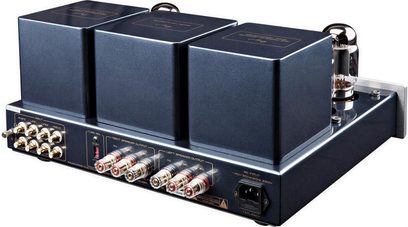 Cayin CS-88A KT88 integreret stereo rørforstærker i metallisk blå med metalchassis, tre rektangulære dæksler, to synlige KT88-rør, forgyldte RCA-stik og højttalerterminaler, bagperspektiv