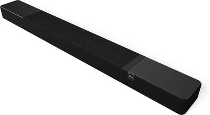 Klipsch Flexus Core 200 svart lydplanke, ovenfra, rektangulær langstrakt form, metallgrill, knapper på høyre side