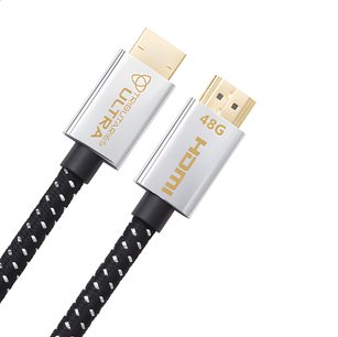 Kabel HDMI Tributaries UHDU Ultra 2m s pozlacenými konektory, stříbrnými pouzdry označenými "48G" a "Ultra", černým opleteným pláštěm