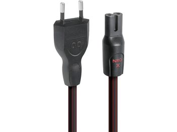 Audioquest NRG-X2 C7 1 m musta matipinnaga ja punase plastist triibulise kaitsekestaga toitekaabel, 2-kontaktise pistikuga ja C7-emase pistikuga, lähivaade