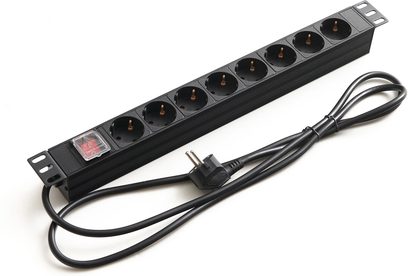 Power strip with switch, 8 black SCHUKO sockets aligned, black cable with European plug, mounting bracket