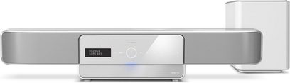 Philips HTS-8161 metallisk grå soundbar, set forfra, med centralt LCD-display og trådløs højttaler til højre
