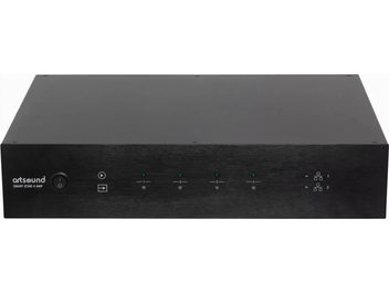 Multiroms- eller multisoner-forsterker ArtSound Smart Zone 4 Amp, sett forfra, svart kabinett, 4 grønne lys, 4 grå knapper, 2 ikoner