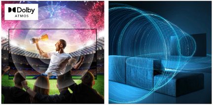 Billede til venstre: tv-skærm med tilskuere bagfra, fodboldstadion, spiller der holder en trofæ, Dolby Atmos-logo. Billede til højre: blå sofa, tv, blå lydbølger