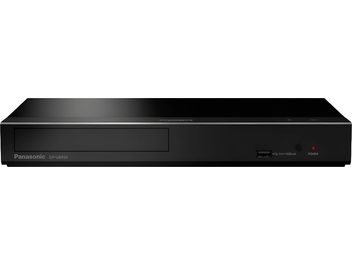 Panasonicin musta 4K Blu-ray-soitin DP-UB450, etunäkymä, suorakaiteen muotoinen, kiiltävä etupaneeli, punainen virtapainike