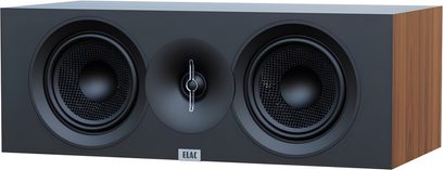 Cassa centrale Elac Debut 3.0 DC53 in noce, cabinet in legno, pannello frontale nero, vista frontale, due woofer e tweeter centrale