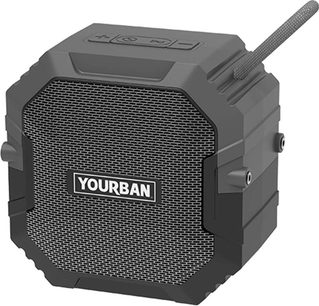 Yourban Getone 15 gri Bluetooth hoparlör, ön görünüm, sekizgen şekil, metal ızgara, üstteki düğmeler, sağda askı kayışı