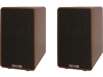 Bezdrátové připojené reproduktory Enova HIFI VELA III v ořechovém provedení, pohled zepředu, obdélníkové skříně, zaoblené rohy, černé texturované mřížky