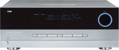 Harman Kardon AVR 645 hjemmebiograf-forstærker set forfra, sølvfarvet frontpanel, blåt display, kontrolknapper og drejeknapper