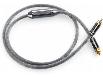 Siltech Explorer 180i RCA-lydkabel, grå flettet kappe, sorte og guldfarvede metalhanstik, cylindrisk hus