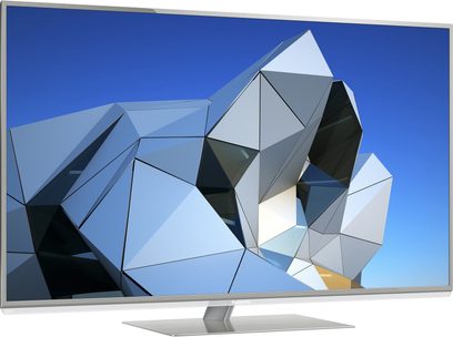 Panasonic TX-L47DT50 tv der viser en abstrakt geometrisk 3D-komposition, sølvfarvet ramme og fod