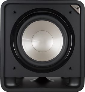Polk Audio HTS 12 sort subwoofer, set forfra, central rund højttaler i firkantet mat sort kabinet
