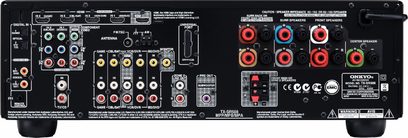 Amplificatore home theater Onkyo TX-SR508, pannello frontale, vista frontale, numerose prese audio/video, pulsanti e manopole di regolazione