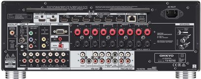 Onkyo TX-RZ740 sort hjemmebiografsforstærker, frontpanel, frontvisning, mange stik og knapper, digitalt display