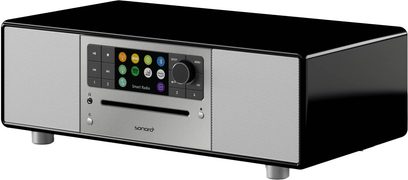 Sonoro Prestige radio i blank sort - sølv, set forfra, farvedisplay, knapper og drejeknap på fronten, højttalere