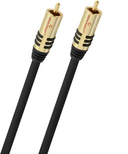 Oehlbach NF Sub 10 m melns subwoofer kabeļis ar elastīgu plastmasas apvalku, divi zeltīti metāla RCA vīriešu spraudņi ar melnām rievām, attēlots vieglā trīs ceturtdaļu perspektīvā