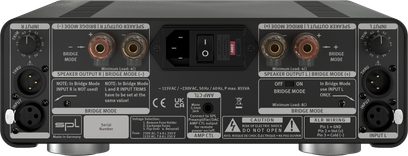 Amplificatore di potenza hi-fi SPL Performer s800 argento visto da dietro, connettori audio, interruttore, iscrizioni tecniche