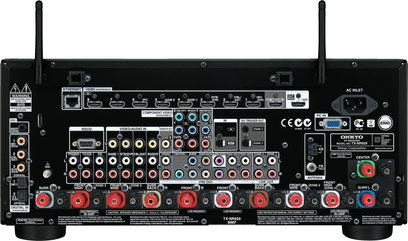 Onkyo TX-NR929 sort hjemmebiografsforstærker, bagside, audio/video-tilslutninger, trådløse antenner, netværks- og strømstik