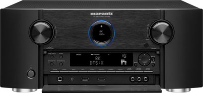 Préampli home-cinéma Marantz AV7706 noir, vue de face, façade noire avec écran LCD bleu, boutons et prises en façade