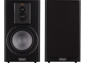 Regal-Lautsprecher Signature 603, Frontansicht, eine Einheit mit schwarzer Abdeckung, eine ohne Abdeckung, die Hochtöner und runden Woofer zeigt