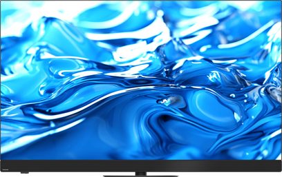 Panasonic TV-65Z90B højopløsnings-tv i sort, ultratynd metal- og plastikramme med bredere bundliste og centralt fodstativ, set forfra