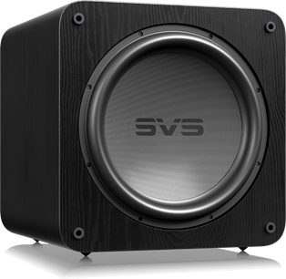 SB-5000 R|Evolution sort tekstureret subwoofer med cirkulær højttaler og SVS-logo på fronten