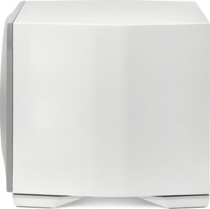 Caja de graves Paradigm Defiance S10 blanca, carcasa lacada, rejilla lateral gris de metal, patas biseladas, vista frontal