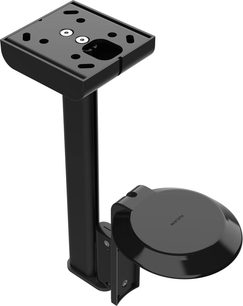 Flexson højttallerstativ til Sonos ERA 100 sort, set forfra og fra siden, i sort metal med perforeret rund montering