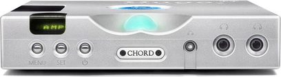 Chord Electronics Hugo TT2 sudraba audio DAC pārveidotājs, alumīnija priekšpuse, zils ekrāns, izgaismota sfēra, hromēti pogas, austiņu ligzdas