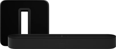 Sonos Beam + SUB (3. gen.) sort lydbjælke-pakke, frontvisning, bestående af en rektangulær lydbjælke og en kubisk bashøjttaler