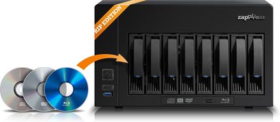 Zappiti NAS 8N RIP sort netværksaudioafspiller, frontvisning, med 8 Blu-ray- og DVD-diske isat skinnerne