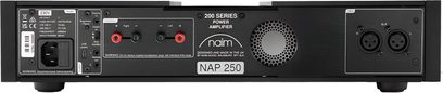 Amplificatore di potenza Naim Audio NAP 250, pannello frontale nero con pulsanti, prese e spie, vista frontale