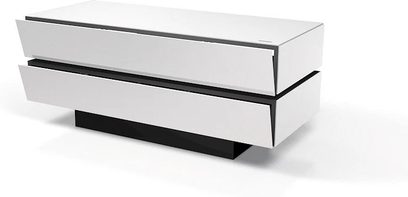 Hvid og sort Spectral Brick BR1202 audio-/videomøbel set forfra, 2 vandrette skuffer, sort base