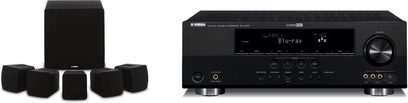 Sort Yamaha AV4115 hjemmebiografsystem bestående af en audio-/videoreceiver og fem kubiske højttalere