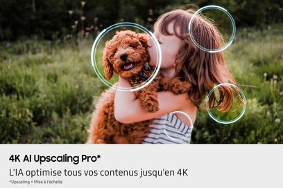 Digitální barevná bannerová reklama zobrazující hnědovlasou holčičku v pruhované šatce držící rezavého kudrnatého psa, světle modrozelené kruhy simulující umělou inteligenci kolem postav, šedý pruh s černým textem „4K AI Upscaling Pro“ dole, čelní pohled v plném záběru.
